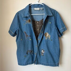 Vintage Lemon Grass Embroidered Animal Safari Denim Blue Shirt Retro Cottagecore